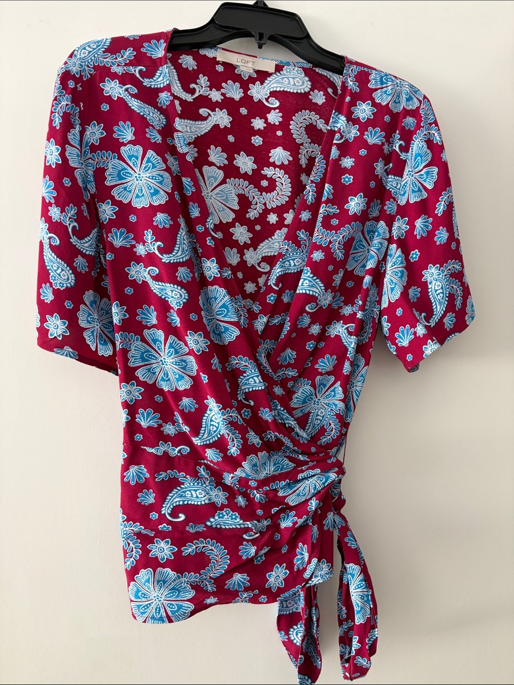 LOFT Burgundy Floral Paisley Wrap Top with Blue Accents